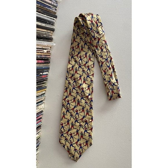 Vintage Bert Pulitzer 100% Silk Tie Baseball Sport Theme Yellow Red Blue USA - Picture 5 of 5